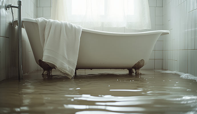 A flooded bathroom floor with a clawfoot tub