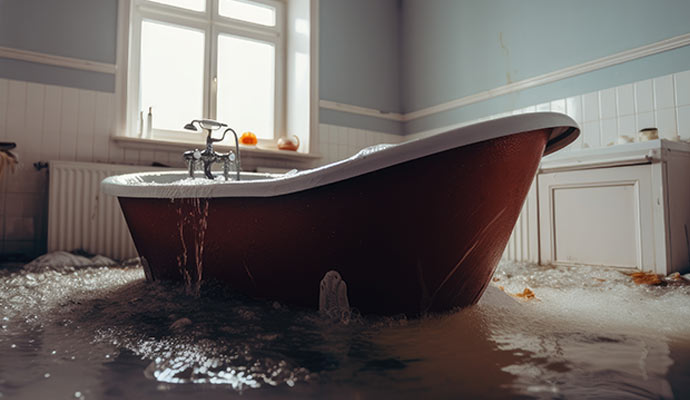 A red clawfoot bathtub overflowing with soapy water