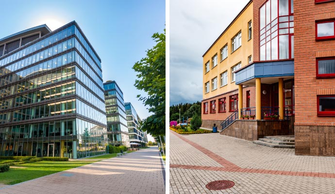 Collage of office building and school