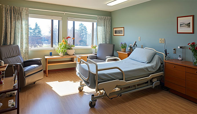 Bright nursing home patient room with a medical bed and recliners
