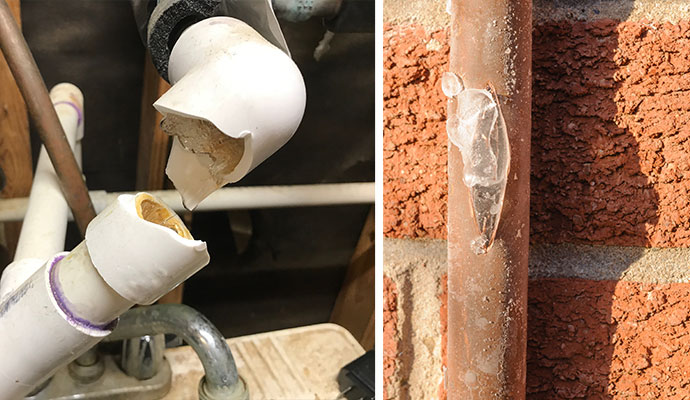 Collage of broken water pipe and frozen pipe