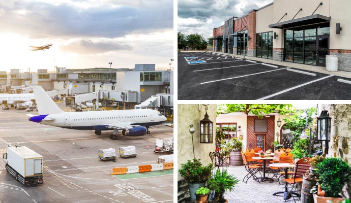 Collage of airport, retail store and restaurant