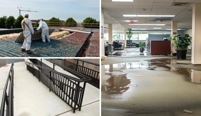 Collage of asbestos removal service, ADA compliant ramp and water damaged commercial space
