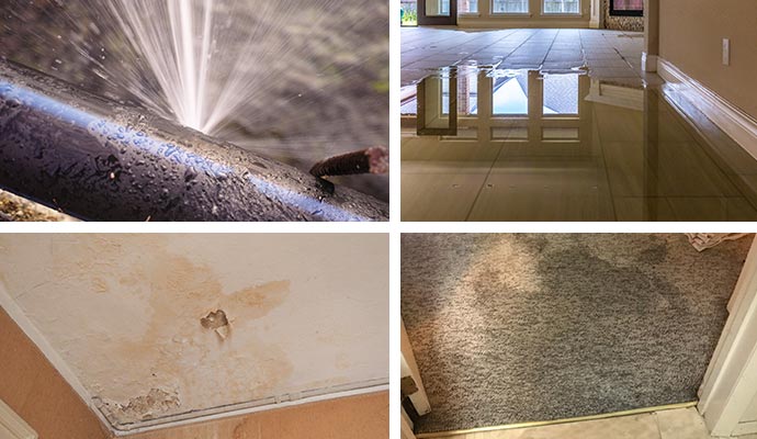 Collage of broken water pipe, flood damaged floor, water damaged, ceiling water damaged carpet Collage of broken water pipe, flood damaged floor, water damaged ceiling and water damaged carpet