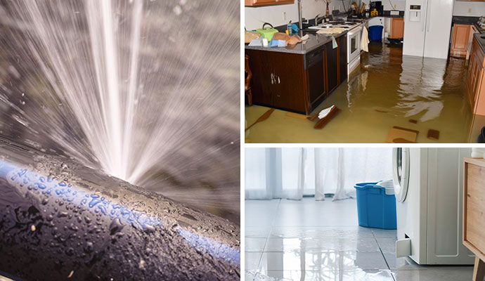 Collage of broken water pipe leaking water, flood damaged room and water leaking from washing machine