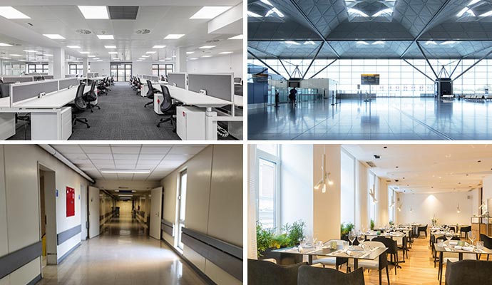 Variety of restored commercial spaces in one collage Collage showcasing different types of restored commercial spaces