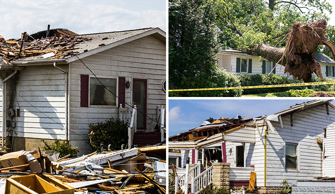 Collage of different types of storm damaged property