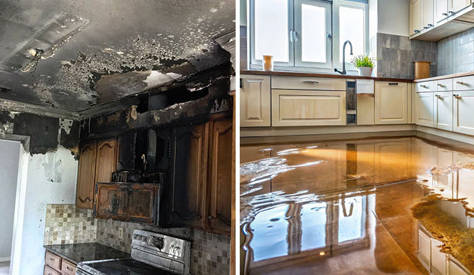 Collage of fire and water damaged property