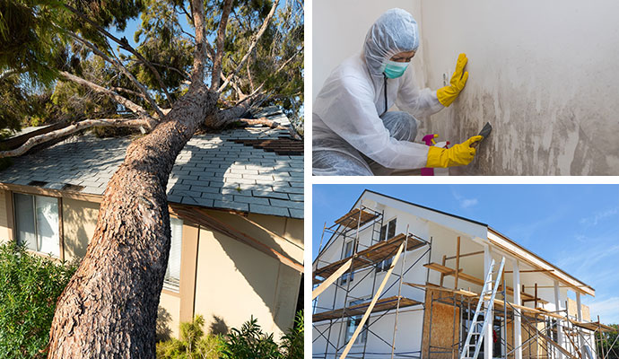 Collage of fire damaged kitchen, mold damaged wall and reconstruction service