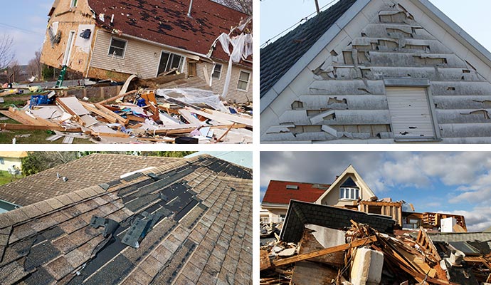 Collage of hurricane damaged property, hail damaged property, damaged house roof and disaster damaged property Collage of hurricane damaged property, hail damaged property, damaged house roof and disaster damaged property