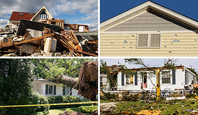 Collage of hurricane damaged, hail damaged, wind damaged and tornado damaged property Collage of hurricane damaged, hail damaged, wind damaged and tornado damaged property