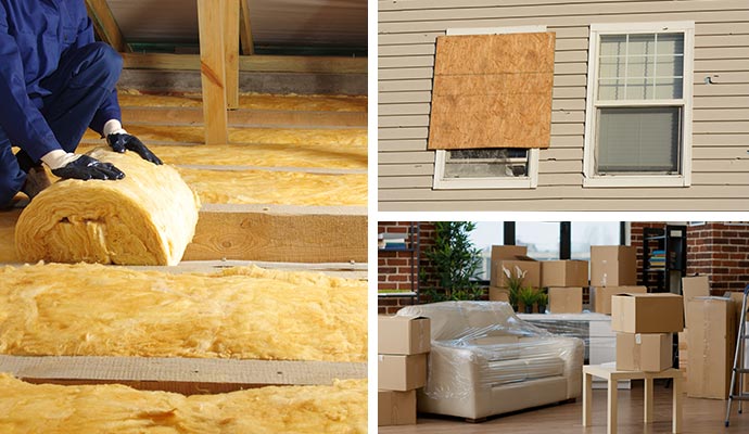 Collage of different property restoration services Collage showing insulation replacement, board-up, and contents pack-out services