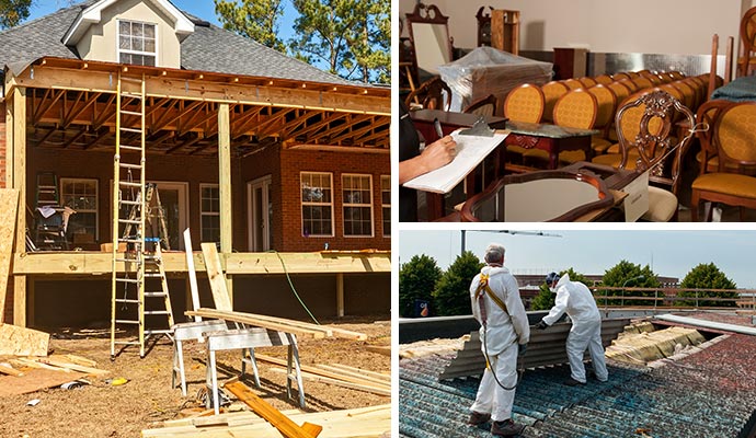 Collage of reconstruction, content restoration and asbestos removal