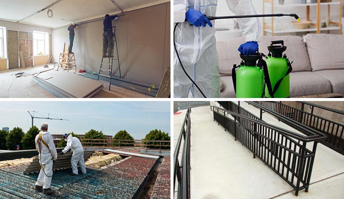 Collage of reconstruction disinfecting service asbestos removal and ADA compliant ramp Collage of reconstruction disinfecting service asbestos removal and ADA compliant ramp
