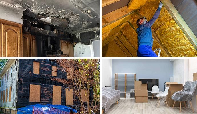 Collage of smoke damaged roof, insulation replacement service, boarded-up house and packed content