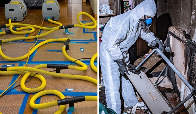 A collage of water and fire damage restoration service