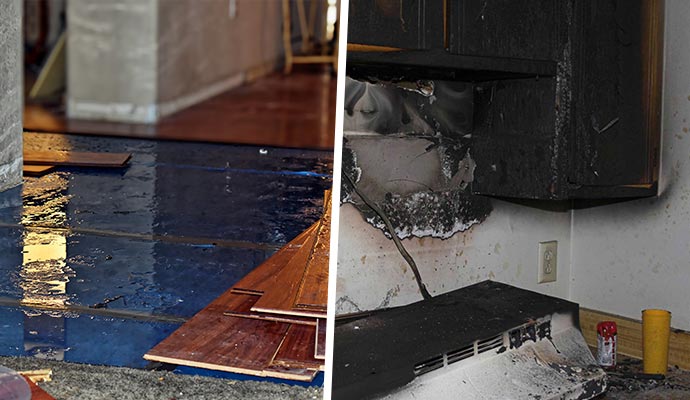 Collage of water and fire damaged property Collage of water and fire damaged property