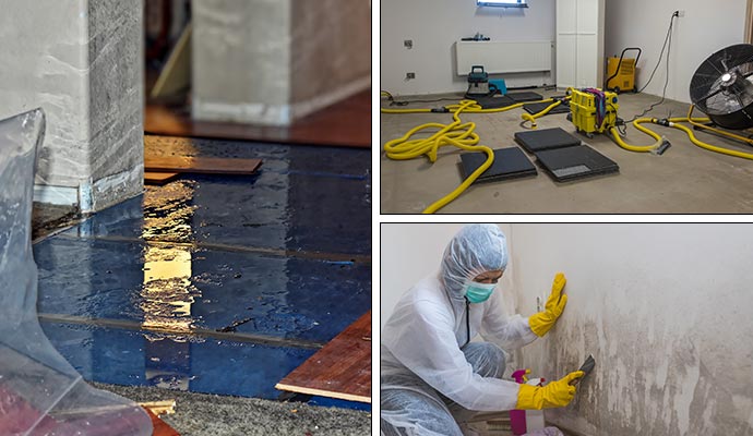 Collage of water damage restoration & mold removal Collage showing water damage restoration and mold removal services