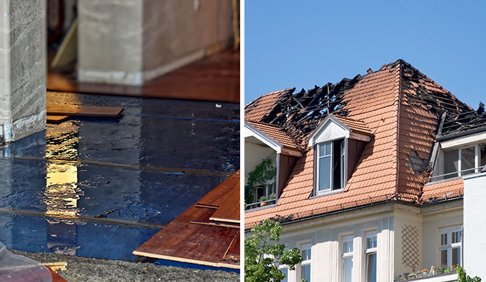 Collage of water damaged floor and fire damaged roof of a house