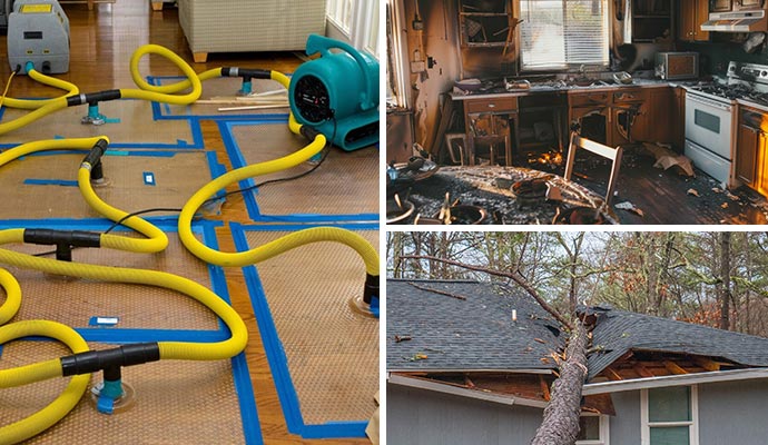 Collage of water extraction equipment, fire damaged kitchen and storm damaged house Collage of water extraction equipment, fire damaged kitchen interior and a tree fallen on the house roof due to storm damage