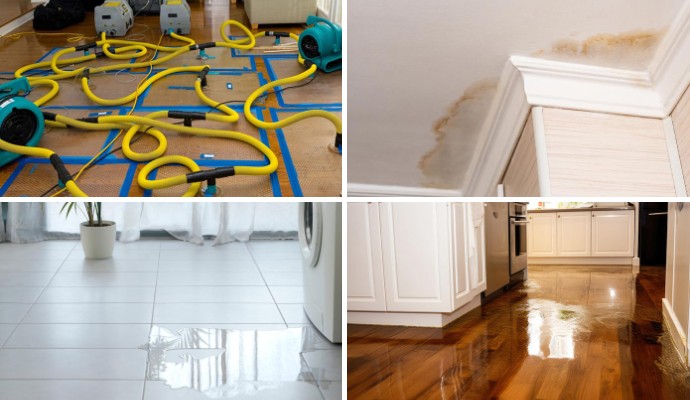 Collage of water extraction service, appliance leak, water damaged ceiling and wooden floor