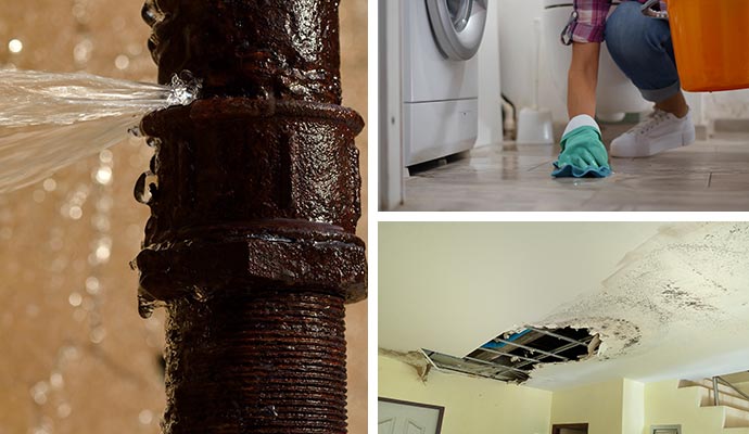 Water pipe break, washing machine leak, and ceiling damage Collage showing water pipe break, washing machine leak, and structural ceiling damage