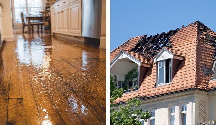 Collage showing kitchen floor water damage and severe roof fire damage