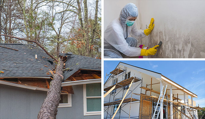 Collage of storm damaged house, mold remediation service and house reconstruction service
