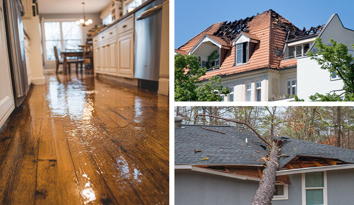 Collage showing water, fire, and tree storm damage on homes