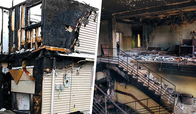 Collage of commercial and residential fire damage areas Collage showing fire damage in commercial and residential properties