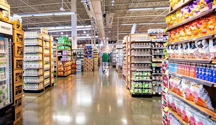Clean retail store interior with organized shelves Clean retail store interior with neatly organized shelves and well-arranged products
