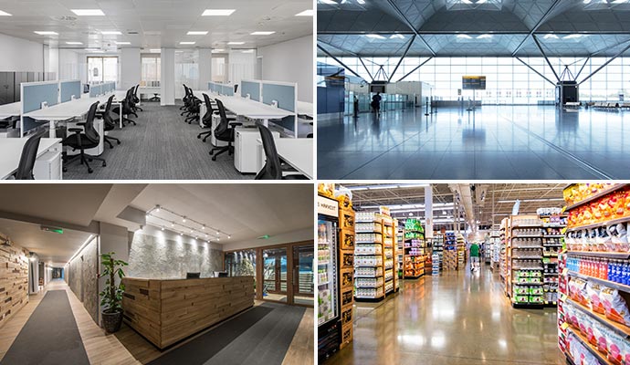 Collage showing clean interiors of an office, airport terminal, hotel lobby and retail store