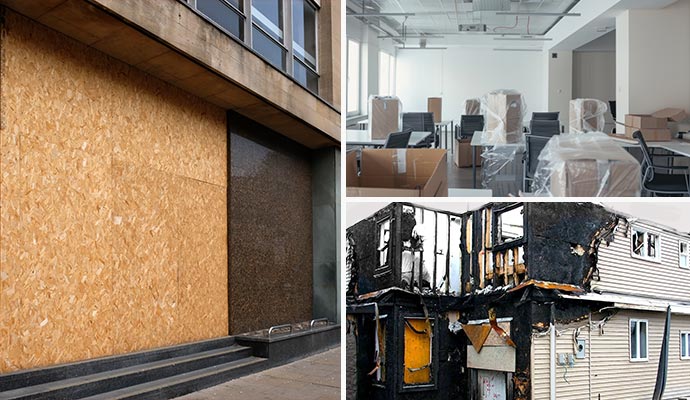 Collage of boarded-up commercial, content packed-up in office and fire-damaged building A boarded-up commercial entrance, content packed-up in an office and a fire-damaged residential building exterior