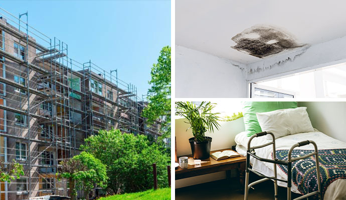 Collage of building scaffolding, ceiling mold damage, and a clean nursing home room