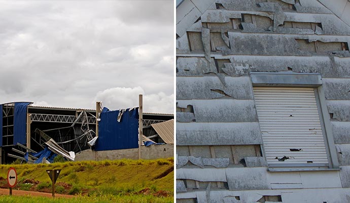 Collage showing structural damage from hurricane and siding damage from hail