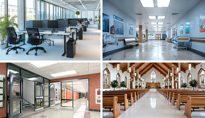Collage of office buildings, healthcare facilities, academic facilities, and places of worship