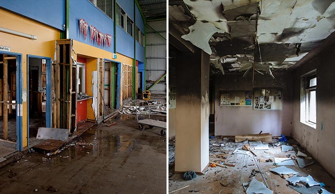 Collage of school interior showing severe water and fire damage, with debris scattered across floors and walls