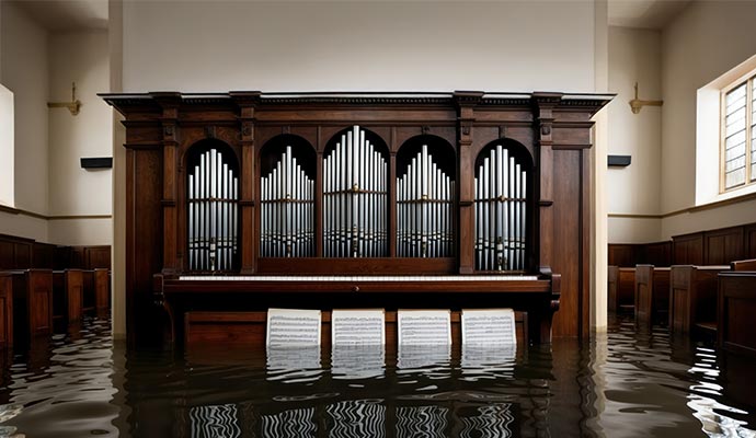 Flooded church interior Flooded church interior with standing water on the floor