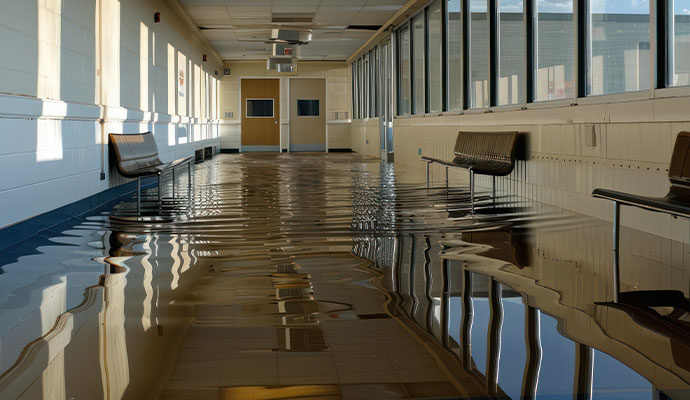 Flooded hallway inside a commercial building
