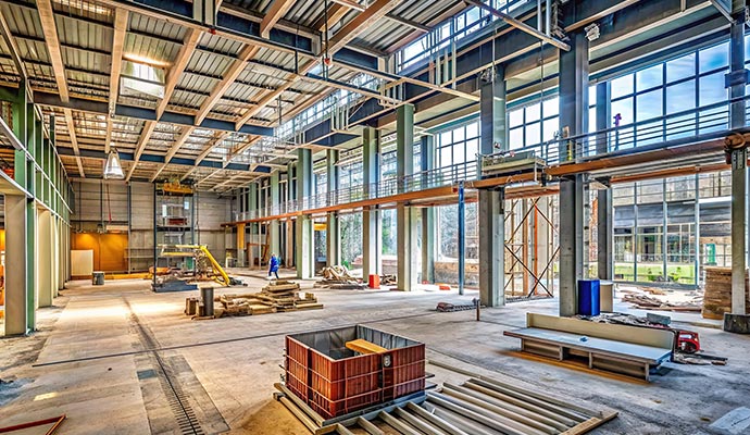 Retail store under construction with steel Framework and Materials Construction site of a large industrial retail store showing exposed steel structure, concrete flooring and scattered materials