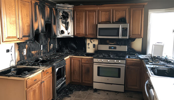 Fire damaged kitchen and appliances