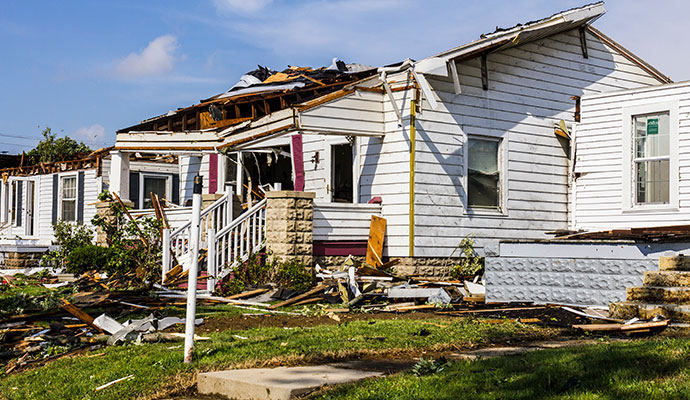 Residential house severely damaged by a storm