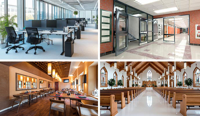 Collage of an office, school hallway, restaurant, and church interior