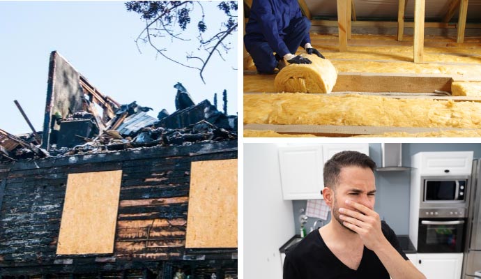 Collage of baord-up service, insulation and smoke odor