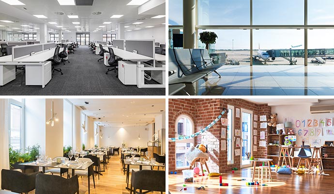 Collage of office area, airport, restaurant and day-care center