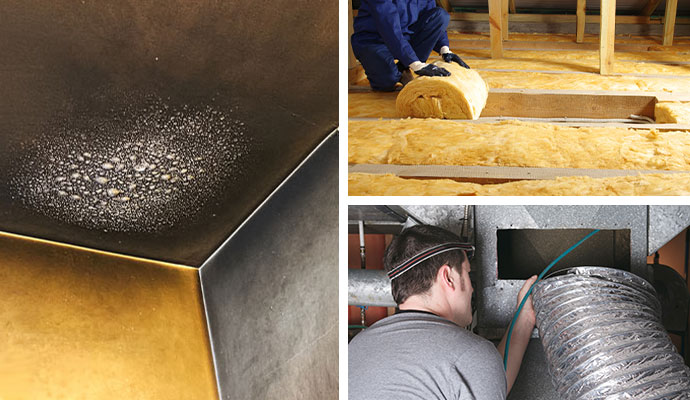Collage of duct condensation, insulation, and HVAC duct cleaning