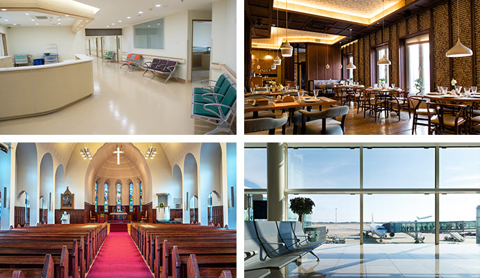 Collage of office, restaurant, church, and airport