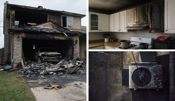 Collage showing fire damage to a garage, kitchen cabinets, and an AC unit
