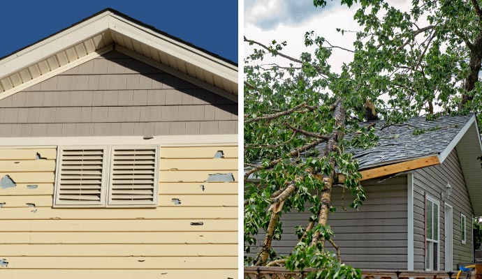 Collage of hail damaged property and wind damaged property