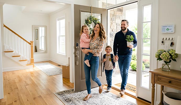 Smiling family of four entering their clean, comfortable home